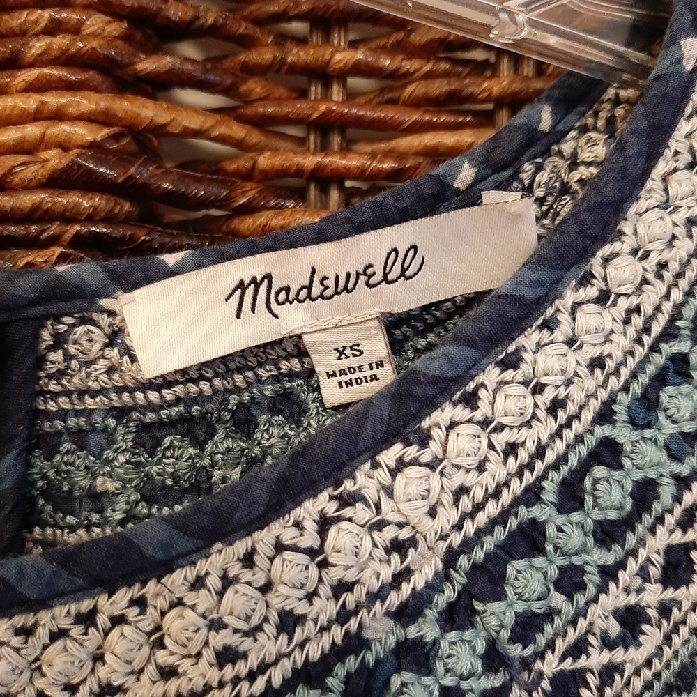 Madewell Embroidered Puff Sleeve Babydoll Mini Dress Indigo Plaid XS Navy Blue - Picture 10 of 12
